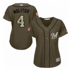 Womens Majestic Milwaukee Brewers 4 Paul Molitor Replica Green Salute to Service MLB Jersey