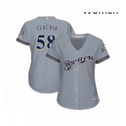 Womens Milwaukee Brewers 58 Alex Claudio Replica Grey Road Cool Base Baseball Jersey 