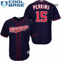 Mens Majestic Minnesota Twins 15 Glen Perkins Replica Navy Blue Alternate Road Cool Base MLB Jersey