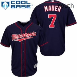 Youth Majestic Minnesota Twins 7 Joe Mauer Replica Navy Blue Alternate Road Cool Base MLB Jersey