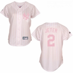 Womens Majestic New York Yankees 2 Derek Jeter Replica WhitePink Strip MLB Jersey