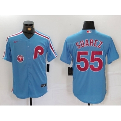 Men Philadelphia Phillies 55 Ranger Suarez Blue Cool Base Stitched Jersey 1