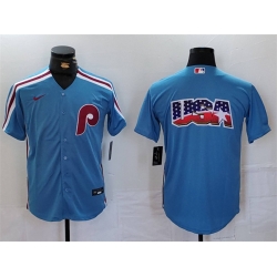 Men Philadelphia Phillies Team Big Logo Blue Cool Base Stitched Jersey