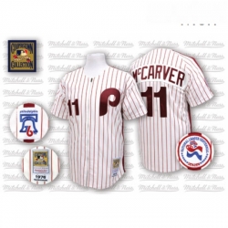 Mens Mitchell and Ness Philadelphia Phillies 11 Tim McCarver Authentic WhiteRed Strip Throwback MLB Jersey