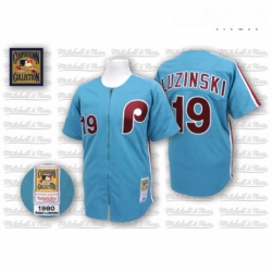 Mens Mitchell and Ness Philadelphia Phillies 19 Greg Luzinski Authentic Blue Throwback MLB Jersey