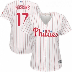 Womens Majestic Philadelphia Phillies 17 Rhys Hoskins Authentic WhiteRed Strip Home Cool Base MLB Jersey 