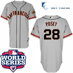 Mens Majestic San Francisco Giants 28 Buster Posey Authentic Grey Cool Base 2012 World Series Patch MLB Jersey