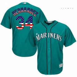 Mens Majestic Seattle Mariners 34 Felix Hernandez Replica Teal Green USA Flag Fashion MLB Jersey