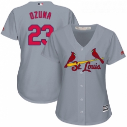 Womens Majestic St Louis Cardinals 23 Marcell Ozuna Authentic Grey Road Cool Base MLB Jersey 