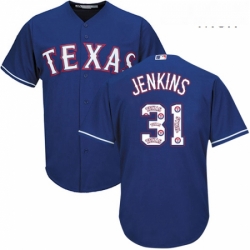 Mens Majestic Texas Rangers 31 Ferguson Jenkins Authentic Royal Blue Team Logo Fashion Cool Base MLB Jersey