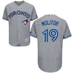 Mens Majestic Toronto Blue Jays 19 Paul Molitor Grey Road Flex Base Authentic Collection MLB Jersey