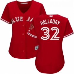 Womens Majestic Toronto Blue Jays 32 Roy Halladay Replica Scarlet Alternate MLB Jersey