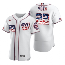 Men Washington Nationals 22 Juan Soto Men Nike White Fluttering USA Flag Limited Edition Flex Base MLB Jersey