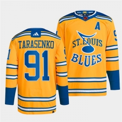 Men St Louis Blues 91 Vladimir Tarasenko Yellow 2022 23 Reverse Retro Stitched Jersey