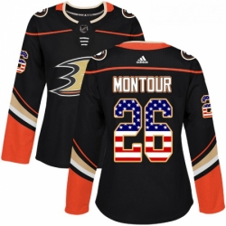 Womens Adidas Anaheim Ducks 26 Brandon Montour Authentic Black USA Flag Fashion NHL Jersey 