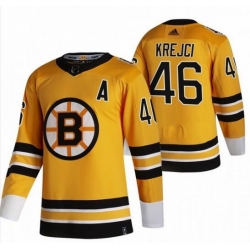 Men Boston Bruins 46 David Krejci Yellow Adidas 2020 21 Reverse Retro Alternate NHL Jersey