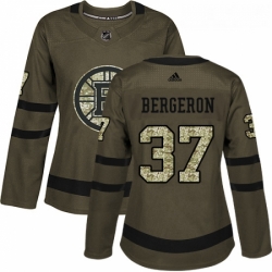 Womens Adidas Boston Bruins 37 Patrice Bergeron Authentic Green Salute to Service NHL Jersey 