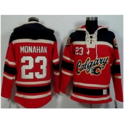 Calgary Flames #23 Sean Monahan Red Black Sawyer Hooded Sweatshirt Stitched NHL Jersey