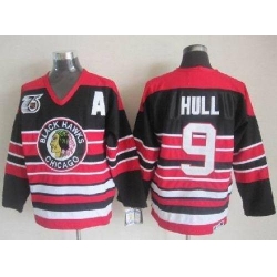 Blackhawks #9 Bobby Hull Red Black 75TH CCM Stitched NHL Jersey