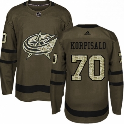 Mens Adidas Columbus Blue Jackets 70 Joonas Korpisalo Authentic Green Salute to Service NHL Jersey 