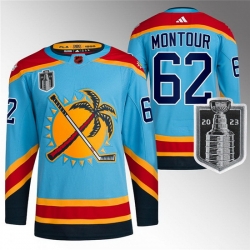 Men Florida Panthers 62 Brandon Montour Blue 2023 Stanley Cup Final Reverse Retro Stitched Jersey