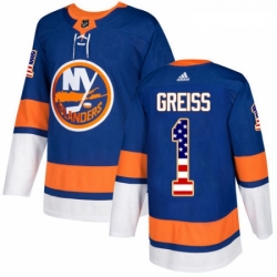 Youth Adidas New York Islanders 1 Thomas Greiss Authentic Royal Blue USA Flag Fashion NHL Jersey 