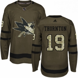 Mens Adidas San Jose Sharks 19 Joe Thornton Authentic Green Salute to Service NHL Jersey 