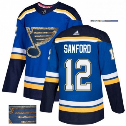 Mens Adidas St Louis Blues 12 Zach Sanford Authentic Royal Blue Fashion Gold NHL Jersey 