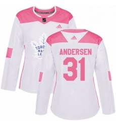 Womens Adidas Toronto Maple Leafs 31 Frederik Andersen Authentic WhitePink Fashion NHL Jersey 