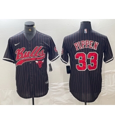 Men Chicago Bulls 33 Scottie Pippen Black Pinstripe Cool Base Stitched Baseball Jersey 4