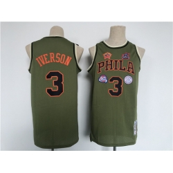 Men Philadelphia 76ers 3 Allen Iverson Olive Throwback Basketball Jersey