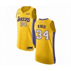 Mens Los Angeles Lakers 34 Shaquille ONeal Authentic Gold Home Basketball Jersey Icon Editi