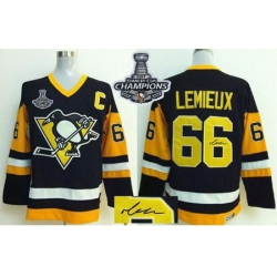 Penguins #66 Mario Lemieux Black CCM Throwback Autographed 2017 Stanley Cup Finals Champions Stitched NHL Jersey