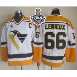 Penguins #66 Mario Lemieux White Yellow CCM Throwback 2017 Stanley Cup Final Patch Stitched NHL Jersey