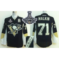 Penguins #71 Evgeni Malkin Black Autographed 2017 Stanley Cup Finals Champions Stitched NHL Jersey