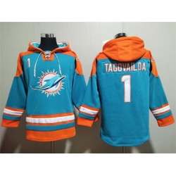 Men Miami Dolphins 1 Tua Tagovailoa Aqua Lace Up Pullover Hoodie