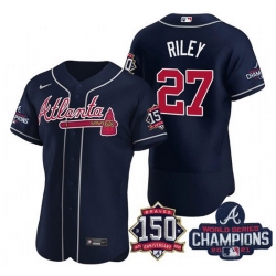 Men's Navy Atlanta Braves #27 Austin Riley Swanson 2021 World Series Champions With 150th Anniversary Flex Base Stitched Jersey