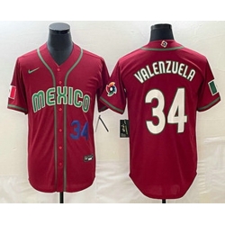 Men's Mexico Baseball #34 Fernando Valenzuela Number 2023 Red Blue World Baseball Classic Stitched Jersey