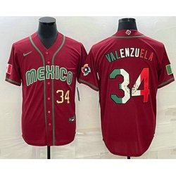 Men's Mexico Baseball #34 Fernando Valenzuela Number 2023 Red Blue World Baseball Classic Stitched Jersey3