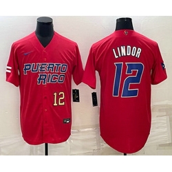 Men's Puerto Rico Baseball #12 Francisco Lindor Number 2023 Red World Baseball Classic Stitched Jersey