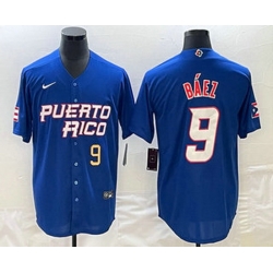 Men's Puerto Rico Baseball #9 Javier Baez Number 2023 Blue World Baseball Classic Stitched Jersey