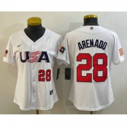 Womens USA Baseball 28 Nolan Arenado Number 2023 White World Classic Replica Stitched Jersey