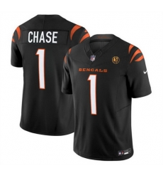 Men Cincinnati Bengals 1 Ja 27Marr Chase Black 2023 F U S E  With John Madden Patch Vapor Limited Stitched Football Jersey