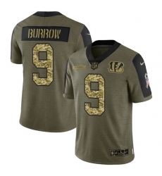 Men Cincinnati Bengals 9 Joe Burrow 2021 Salute To Service Olive Camo Limited Stitched Jersey