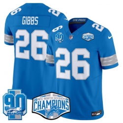 Men Detroit Lions 26 Jahmyr Gibbs Blue 2024 NFC North Champions 90th Anniversary Patch F U S E  Vapor Limited Stitched Jersey