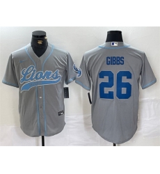 Men Detroit Lions 26 Jahmyr Gibbs Grey Cool Base Stitched Baseball Jersey