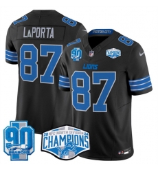 Men Detroit Lions 87 Sam LaPorta Black 2024 NFC North Champions 90th Anniversary Patch F U S E  Vapor Limited Stitched Jersey