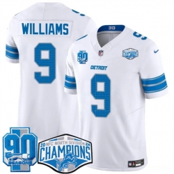 Men Detroit Lions 9 Jameson Williams White 2024 NFC North Champions 90th Anniversary Patch F U S E  Vapor Limited Stitched Jersey