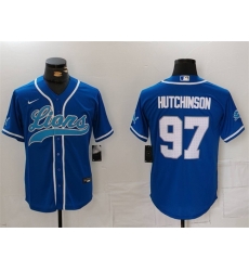 Men Detroit Lions 97 Aidan Hutchinson Blue Cool Base Stitched Baseball Jersey