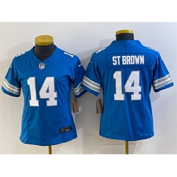 Women Detroit Lions 14 Amon Ra St  Brown Blue 2024 F U S E  Vapor Limited Stitched Jersey